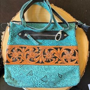 NWOT leather cow hide Elegant Teal and Brown Women's crossbody purse